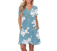 PLOKNRD Summer Dresses for Women UK Casual Pleated T-Shirt Dress Short Sleeve Loose Swing Beach Dress with Pockets(Floral Light Blue,S)