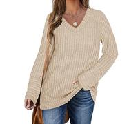 PLOKNRD Women Jumpers V Neck Sweater Thin Pullover Long Sleeve Apricot XXL | Loose Autumn Winter Lightweight Sweatshirts Oversized Casual Basic Top for Ladies Solid Color Boho Flower Leopard Print