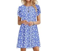 PLOKNRD Women Summer Dresses Petal Short Sleeve with Pockets, BluWhF, M