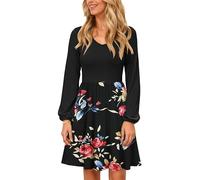 PLOKNRD Women V-Neck Dress Casual Long Sleeve with Pockets Midi Elegant Tiered Ruffle Skirt A-line High Waist Rose Black L