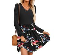 PLOKNRD Women V-Neck Dress Casual Long Sleeve with Pockets Midi Elegant Tiered Ruffle Skirt A-line High Waist Rose Black XL