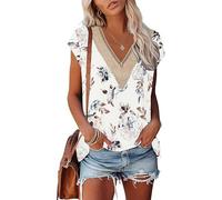 PLOKNRD Women's Casual Short Sleeve Top Elegant Lace V-Neck Tops Summer Floral Beach T-Shirt Printed Tee(Floral White,XXL)