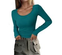PLOKNRD Women's Ribbed Scoop Neck Long Sleeve Slim Fit Top | Long Sleeve Scoop Neck,Ribbed Knit,Stretch & Breathable Fabric,Slim Fit Silhouette,Y2K Style,Basic Tee,Wear Alone or Layered