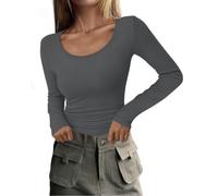 PLOKNRD Women's Ribbed Scoop Neck Long Sleeve Slim Fit Top | Long Sleeve Scoop Neck,Ribbed Knit,Stretch & Breathable Fabric,Slim Fit Silhouette,Y2K Style,Basic Tee,Wear Alone or Layered
