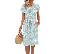 PLOKNRD Women's Summer Dress Short Sleeve Tie Waist with Pockets, GnSp, L