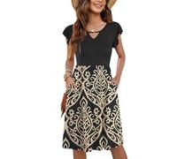 PLOKNRD Women's Summer Dress V-Neck Ruffle Sleeve Ladies Dress Elastic Waist Loose Swing Casual Dress with Pockets Knee Length (Khaki Black,2XL)