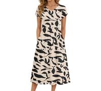 PLOKNRD Women's Summer Midi Dress - Casual Short Sleeve V Neck Tiered Dresses with Pockets(Apricot Leaf,S)