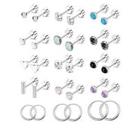 PLOMFOV Flat Back Earrings Gold for Women Men Stainless Steel Set CZ Heart Opal Surgical Studs 20G Cartilage Hoop