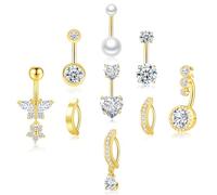 PLOMFOV Gold Belly Button Ring Surgical Steel Belly Rings for Women 14G Belly Button Piercing CZ Pearl Cute Navel Ring Belly Piercing Jewelry, Stainless Steel, cubic zirconia