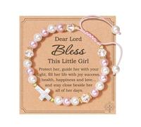 Plorede Pink White Pearl Bracelet for Girls, Adjustable Cross Beaded Holy Communion Baptism Gifts with Message Card, Confirmation Gifts for Girls Birthday Wedding Christmas
