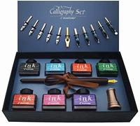 Plotube Calligraphy Pen Set - Includes Wooden Dip Pen, Antique Brass Holder, 11 Nibs, 7 Colors Ink Bottles and Beginner's Manual