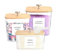 PLOUTA HOME 3 Pack Laundry Room Organization Storage Containers, Plastic Clear Laundry Pods Container & Dryer Sheet Holder Jars with Lids, Scoops & Labels for Detergent, Powder, Dryer Balls, Beads