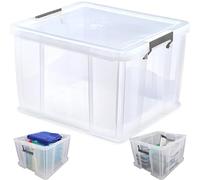 Ploutos World Wide 36L Large Clear Plastic Storage Box with Secure Silver Clip Lock Lid - Heavy Duty Stackable Storage Container for Home, Garage, Loft, Office & Moving