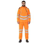 Ploutos World Wide Men's Hi Viz Vis Rain Waterproof Pullover Fleece Hoodie Jacket & Trouser High Visibility Work Wear Tracksuit Reflective Tape Band Safety Rainsuit (Orange, M)
