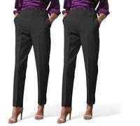 Ploutos World Wide Pack of 2 Women's Ladies Half Elasticated Pant Bottom Trouser Stretch Waist Casual Office Work Formal Pull On Trousers (Black, 16W/25L)