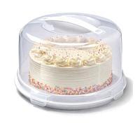 Ploutos World Wide Plastic Cake Box - Clear Lockable Carrier, Square & Round Cake Storage Container with Secure Clips, Durable Fridge-Safe Dessert Holder with Handle & Strong Lid (1, Circular)