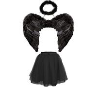 Ploutos World Wide Women Black Angel Fairy Wings, Halo and Tutu - Fallen Dark Angel Wings Black Fairy Angel Wings Halloween Fancy Dress Costume Party Adult Ladies Outfit