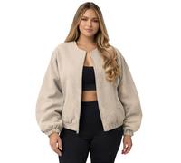 Ploutos World Wide Women’s Cropped Herringbone Balloon Bomber Jacket Zip Up Long Sleeve Oversized Fleece Jacket Casual Trendy Streetwear Outerwear (UK, Numeric, 8, 10, Regular, Regular, Beige)
