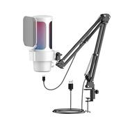 plplaaoo USB Gaming Microphone with RGB Lighting Cardioid Pickup Quick Mute Gain Knob Boom Arm Stand for PC Gaming Live Streaming Recording Plug Play Compatible Mac iOS Android (White)
