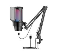 plplaaoo USB Gaming Microphone with RGB Lighting Cardioid Pickup Quick Mute Gain Knob Boom Arm Stand for PC Gaming Live Streaming Recording Plug Play Compatible Mac iOS Android (Black)