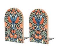 PLQWMR 2 Pcs Wood Book Ends, William Morris Flowers Birds cup Book Shelf Holder, Non Slip Wooden Bookends Stand for Shelves Home Office Library Study Decor