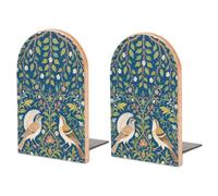 PLQWMR 2 Pcs Wood Book Ends, William Morris Flowers Birds cup Book Shelf Holder, Non Slip Wooden Bookends Stand for Shelves Home Office Library Study Decor