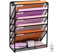 PLSOPPKG 6 Tier Wall Mounted Document Holder a4 Wall Hanging File Holder Wall Mounted Mail Organizer ，Metal Mesh Magazine Rack Desk Tidy Supplies in Tray for Office Home School, Black