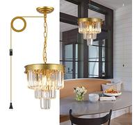 Plug-in Crystal Pendant Light,Gold Mini Chandeliers 12”/30cm Modern Ceiling Pendant Light Fixture for Dining Room Small Ceiling Hanging Lamp for Bedroom Kitchen Island Entrywa
