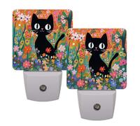 Plug-in LED Night Light Smart Dusk to Dawn Sensor, Black Cat in The Flowers Floral Garden Print Nightlight for Kids Room, Bathroom, Hallway, Bedroom Decor