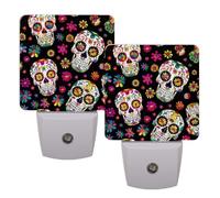 Plug-in LED Night Light Smart Dusk to Dawn Sensor, Sugar Skull Halloween Skeleton Floral Day of The Dead Nightlight for Kids Room, Bathroom, Hallway, Bedroom Decor