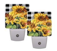 Plug-in LED Night Light Smart Dusk to Dawn Sensor, Sunflowers Black and White Check Nightlight for Kids Room, Bathroom, Hallway, Bedroom Decor