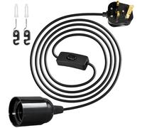 Plug in Light Fittings, E27 Pendant Light Fitting, Lamp Cable with E27 Lamp Holder Inline Switch On/Off and Plug, 250V 4A Extension Hanging Lamp Standard Replacement Cord for Loft Garage, Black 1.8M