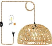 Plug In Pendant Light Rattan Hanging Lights with Plug In Cord Hanging with Woven Basket Shade,Dimmable,Boho Plug In Ceiling Light Fixtures for Kitchen,Farmhouse