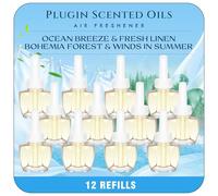 Plug-in Refill 12 Pack Compatible with Air Wick & Glade - 4 Fresh Scent: Ocean Breeze, Fresh Linen, Bohemia Forest & Winds In Summer - Long Lasting Scented Oil Refills for Home Living Room (19ml Each)