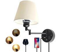 Plug in Wall Light for Bedroom with USB Socket,E27 Base Dimmable Bedside Wall Lamp with Cord and Switch,Black Wall Sconce White Linen Fabric Shade for Reading Lounge Cloakroom(Bulb not included)