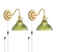 Plug in Wall Sconce Set of 2, Gold Vintage Wall Decor Lights with Amber Lily Glass Shade, Indoor Brass Corded Wall Lamp Fixture for Bedroom Living Room Bathroom Hallway