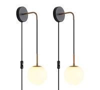 Plug in Wall Sconces Set of 2 Black and Gold Wall Sconces Set of Two Plug in Hanging Wall Lamp with Plug in Cord with Globe White Glass Shade Vintage Wall Lights with On/Off Switch for Bedside Bedroom