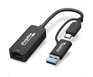 Plugable 2.5G USB-C and USB to Ethernet Adapter - Dual-Connector 2-in-1 USB-C to RJ45 2.5Gbps LAN, Compatible with Thunderbolt 5 & 4, USB4, USB 3.0, Windows, Mac, ChromeOS, iPhone 15 & 16