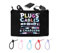 Plugs Cables Chargers Storage Bag Black Tech Accessory Organiser Pouch with 5 Cable Ties Birthday Christmas Gifts for Friends Daughter Son Travel Cable Organiser Wraps 5 Pcs