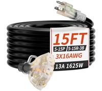 PlugSaf 15 FT 16/3 Gauge Outdoor Extension Cord with Multiple Outlets Light Indicator, Flexible 3 Outlet Weatherproof Extension Cord Waterproof Black, 13A 1625W 16AWG SJTW, ETL Listed