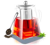 PluieSoleil 950ml/32.12oz Heat-Resistant Borosilicate Glass Teapot Set with Strainer, Handmade Glass Teapot Square Shape Infuser Tea Pot with Infuser,Coaster & Spoon