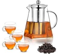 Pluiesoleil 950ML Borosilicate Glass Teapot, Loose Leaf Teapots with Infuser, Square Tea Pot with Strainer, Stovetop Microwave Safe Teapot witn 4 Cups