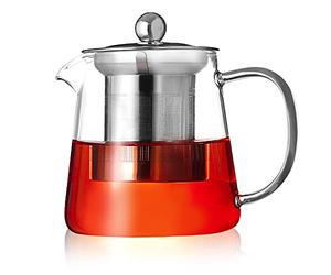 PluieSoleil 950ML Clear Glass Teapot with Infuser, Round Shape Infuser Tea Pot, Heat-Resistant Borosilicate Glass Strainer Teapot