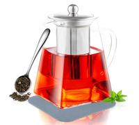 PluieSoleil Teapot with Tea Scoop and Mat 750ml/25.36oz Heat-Resistant Borosilicate Glass Teapot Set with Strainer, Square Shape Infuser Tea Pot, Handmade Glass Teapot with Infuser