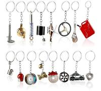 Plukeen 16 Pieces Auto Parts Metal Key Chain Set Spinning Turbo Keychain Wrench Keyring Manual Shift Box Motorcycle Helmet Key Holder Wheel Tire Rim Brake Rotor Keychain for Car Lover