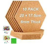 PLULON 10 Pack Cork Boards for Walls Hexagon Cork Tiles 20 x 17.5cm, 6mm Self Adhesive Bulletin Board with 100 Push Pins 50 Pcs Sticky Notes for Home School Office