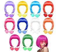 PLULON 10 Pieces Party Wigs and Sunglass Set, Neon Short Bob Wig Sunglass Pack Costume Colorful Cosplay Wig Daily Party Hairpieces for Bachelorette Neon Party Favors, Halloween and Decorations