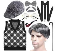 PLULON 100 Days of School Costume for Boys 9 Pieces Halloween Old Man Costume Hat, Glasses and Grandpa Vest Set for Child