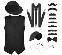 PLULON 16 Pieces 1920s Mens Costume Gatsby Gangster Vest Roaring 20s Men's Accessories Set Clothing Outfit with Fedora Hat Suspender Bow Tie Vintage Pocket Watch Glasses Beard for men