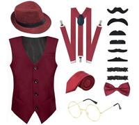 PLULON 16 Pieces 1920s Mens Costume Gatsby Gangster Vest Roaring 20s Men's Accessories Set Clothing Outfit with Fedora Hat Suspender Bow Tie Vintage Pocket Watch Glasses Beard for men